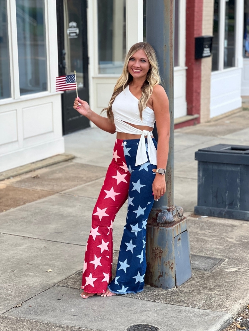 Bibi America Stars USA Bell Bottom Flared American Flag Red Blue Denim Jeans XL